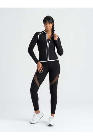 Lismina Lineedge Zip Beyaz Biyeli Siyah Uzun Kollu Spor Ceket Siyah - Beyaz