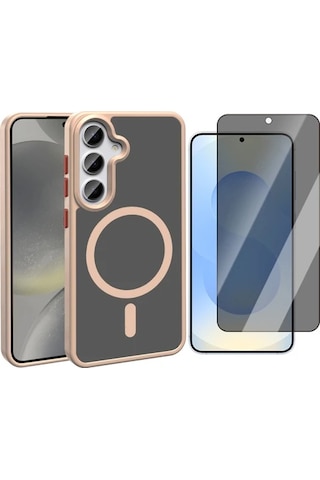 Vendas Galaxy Uyumlu S25 Plus Kılıf M-safe Şarj Özellikli Mat Arka Yüzey Zore Sio Kapak + Hayalet Ekran Koruyucu Rose Gold