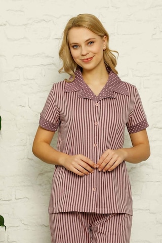 Dreamy Pamuklu Uzun Kollu Puantiyeli Düğmeli Yaka Pijama Takımı Açık Lila Puantiye Lila