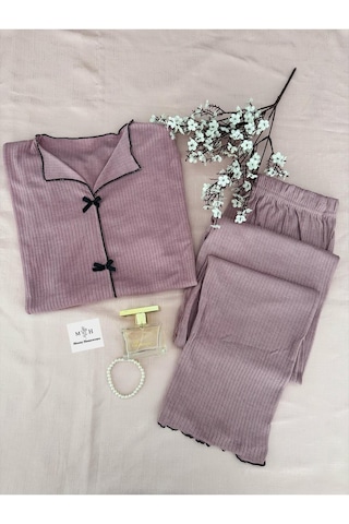 Mh Moony Homewears 2'li Kurdele Detaylı Gül Kurusu Penye Pijama Takımı GÜL KURUSU