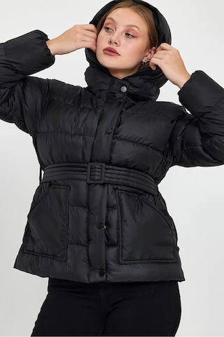 Alisse-kadın Siyah Kapüşonlu Kemerli Şişme Mont Kaban Siyah