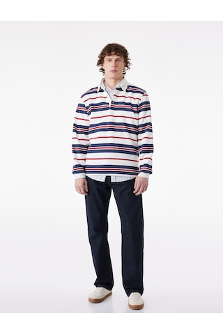 Koton Uzun Kollu Üç İplik Şardonlu Çizgili Düğmeli Polo Yaka Sweatshirt Kırmızı Çizgili 6sam70074mk