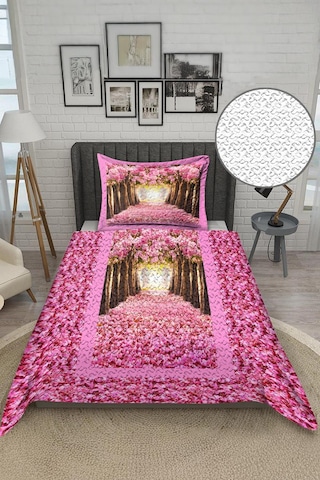 Pembe Ağaç Desenli Kadife Kumaş Kapitoneli Tek Kişilik Yatak Örtüsü Seti 2 Parça Tky0048 Çok Renkli