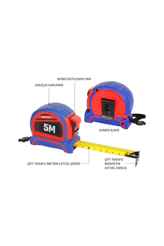 Workpro Wp261041 5mx25mm Naylon Kaplama Sarı Çift Taraflı Manyetik Çelik Şerit Metre Standart