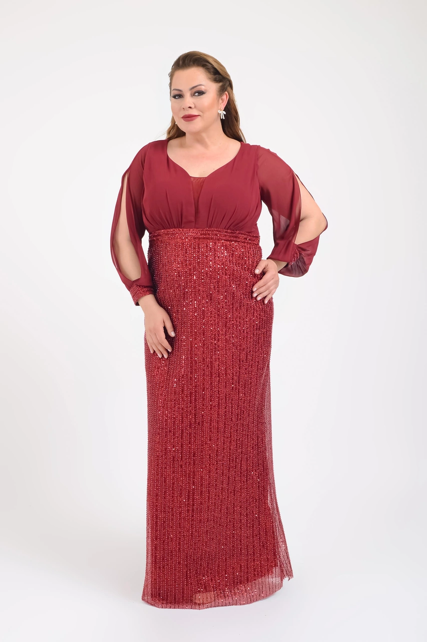Lilas Xxl Büyük Beden Bordo Renkli Payetli Uzun Abiye Bordo