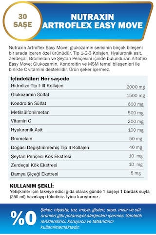 Nutraxin Artroflex Easy Move 30 Saşe – Tip 1-2-3 Kolajen, Glukozamin, MSM, Kondroitin İçeren Takviye