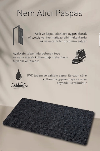 Kaymaz Taban Nem Alıcı Hijyenik Paspas Siyah Renkli Model