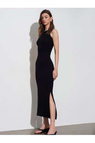 Dilvin 91652 Fitilli Midi Elbise-siyah