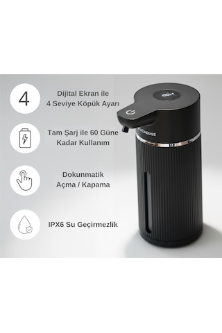 Evo House Otomatik Sensörlü Köpük Sıvı Sabunluk - Şarjlı- Dijital Led Ekran - Duvara Monte - E15 Model Siyah