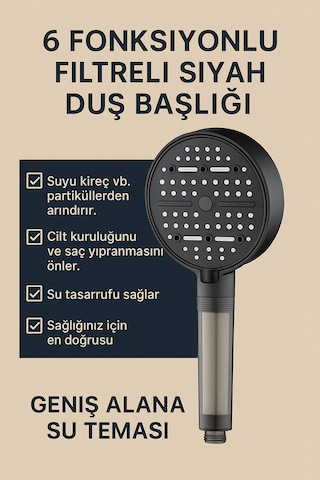 Pureflow Filtreli Duş Başlığı 6 Adet Yedek Filtre Kireç Önleyici Su Arıtıcı 6 Fonksiyonlu Siyah