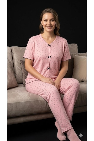 Sleeproom Yazlık Pembe Siyah Zeytin Dalı Desenli Kısa Kol Penye %100 Pamuk Pijama Takım