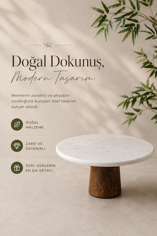 Yuvarlak Akasya Ayaklı Mermer Kahvaltılık Sunumluk Sunum Tabağı 25 Cm Beyaz