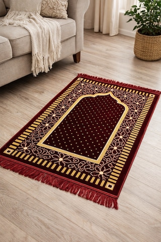 Kadife Seccade 110x70 Cm Yumuşak Dokulu, Dodya İplik İşlemeli Bordo