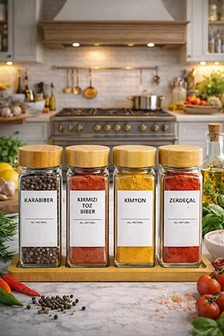 4 Lü Baharatlık Set Stantlı Bambu Kapaklı Etiketli Cam Kare Formlu Baharatlık Takımı Serpme Başlıkl Çok Renkli