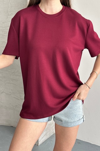 Balenbi Kadın Modal Bisiklet Yaka Basic Yarım Kollu T-shirt 1211 Bordo