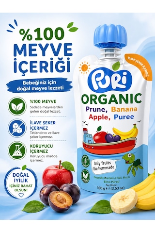 Organic %100 Organik Meyve Püresi Mürdüm Erik Muz Elma 100 G İlave Şekersiz