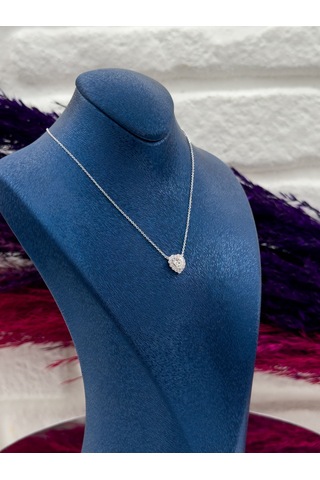 925 Ayar Gümüş Tektaş Kalpli Desenli Popüler Kadın Kolye Gümüş