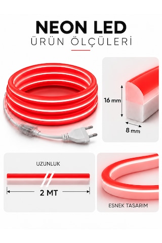 Borsan 2 Metre Kırmızı Neon Led 220v Tak Çalıştır Ip65 Esnek Hortum Led Ultra Parlak Iç Dış Mekan Dekoratif Aydınlatma Montaj Aparatı Dahil