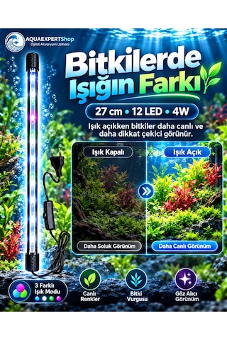 Akvaryum Işığı - Balık Işığı - Bitki Işığı - 27 Cm - 12 Led - Tamamen Su İçinde Kullanılabilir - 3 Modlu - 4w - Mükemmel Işık