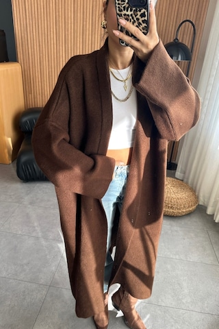 New Journal Kadın Kahverengi Maxi Boy Uzun Tesettür Polarlı Kalın Triko Hırka Nwj-100070006 Kahverengi Kahverengi