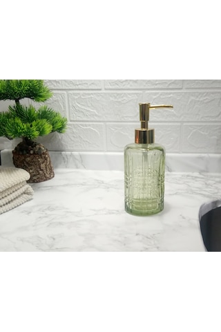 Cam Sıvı Sabunluk,kristal Desenli Yeşil 300ml Banyo Seti 6,8x17