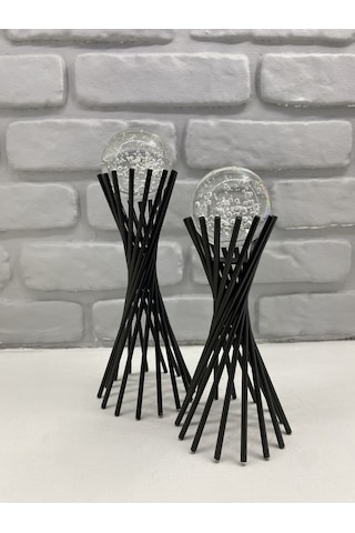 Siyah Metal 2'li Set Salon Burgu Kristal Baloncuklu Camlı Dekor 1 Takım