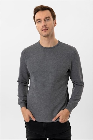 Süvari Gri Slim Armürlü Bisiklet Yaka Sweatshirt Gri