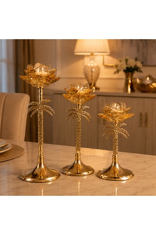 Palmiye Desenli Gold Cam Lotus Şamdan 3 Boy Dekoratif Mumluk Amber - Gold