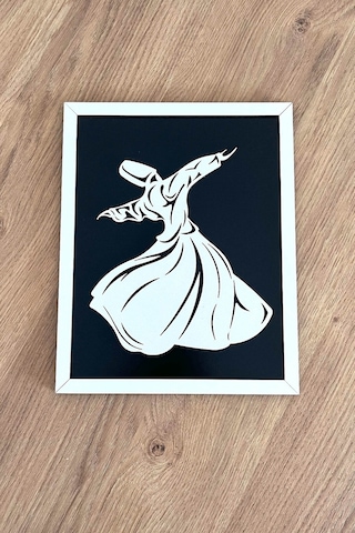 Modern Beyaz Çerçeveli Ahşap Semazen Mevlana Tablosu 25x20 Cm