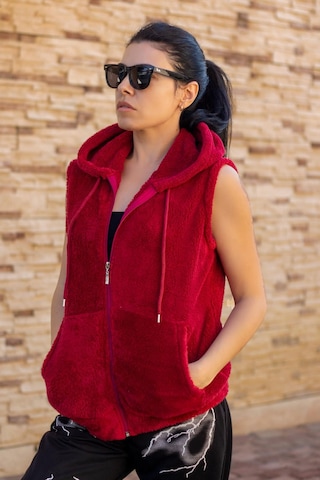 Kadın Kırmızı Peluş Yumoş Fermuarlı Kapüşonlu Yelek 22KYLKPELO Kırmızı