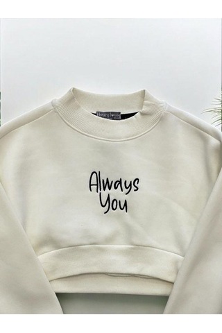 Kız Çocuk Üç İplik Şardonlu Always Yazılı Crop Sweatshirt-14377 KREM