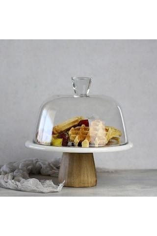 Akayev Mermer 25 CM Ahşap Konik Ayaklı Kalın Beyaz Cam Fanus