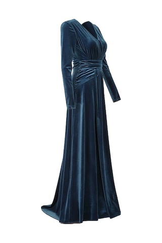 Explosion V Yaka Uzun Kol Kadife Maxi Abiye Elbise - Özel Günler İçin Turkuaz