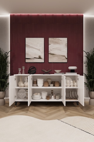 Asra Trend 4 Kapaklı Konsol KNSL01 %100 MDF Metal Ayaklı Çok Amaçlı Dolap Beyaz