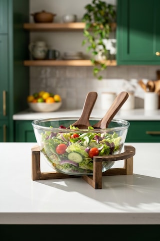 Bosco Akasya Salata Servis Kasesi & Çatal Kaşık - 2700 Ml Şeffaf