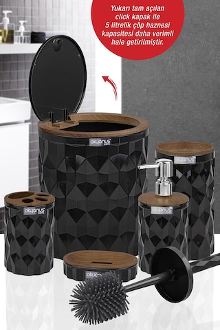 Okyanus Home Diamond Siyah Ahşap Click Kapak Banyo Seti 5'li Siyah
