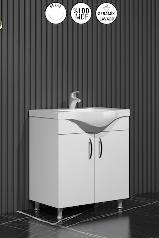 Yıldız 75 Cm Beyaz Mdf Lavabolu Ayaklı Kulplu Banyo Alt Dolabı Beyaz