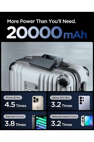 Spigen 20000 Mah Alüminyum Kasa 30w Usb-c + Usb-a Giriş / Çıkış Hızlı Şarj 3 Portlu Powerbank / 1 Metre Type-c Harici Kablolu Taşınabilir Şarj Cihazı + Taşıma Çantası Ea3020 Black Siyah