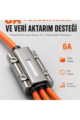 120w Hızlı Şarj Destekli 3'ü 1 Arada Çok Amaçlı Şarj Ve Veri Aktarım Kablosu