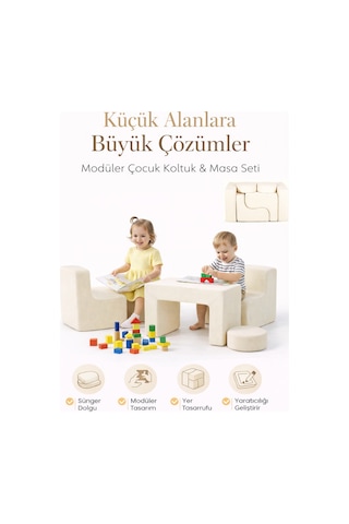 Modüler Çocuk Çalışma, Oyun Ve Etkinlik Masa Sandalye Takımı Ekru