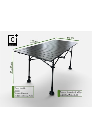 Campplus Yayla Ekstra Büyük Boy Katlanabilir Kamp Masası Teleskopik Ayaklı 120x55 Cm Gri - Siyah