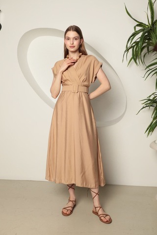 Rabia Çelik Kemerli Midi Nude Elbise Nude Nude