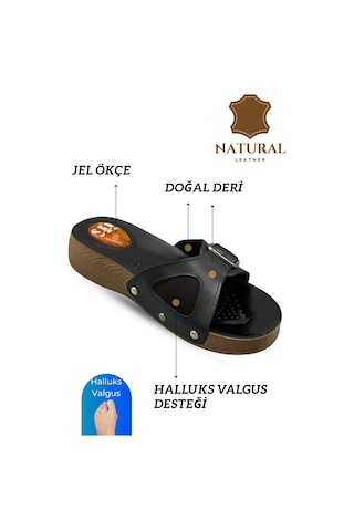 Sermoda Hakiki Deri Kadın Terlik - Halluks Valgus Destekli Jel Taban Kadın Terlik Siyah