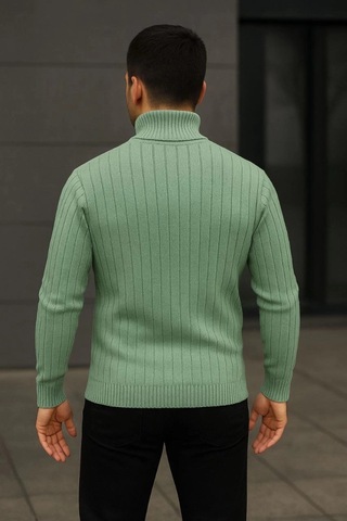 Efnaz Style Erkek Balıkcı Yaka Bağazlı Triko Kazak Pamuklu Kalın Fitilli Dokuma, Regular Fit Uzun Kollu Kışlık Model - Mint Yeşili