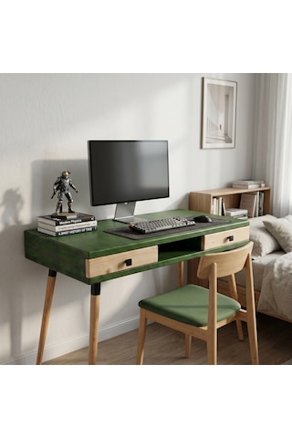 Mobenta Modest Desk: Masif Çalışma & Laptop Masası 2 Çekmece 1 Bölme - 120x60 Ye-bz Yeşil-krem