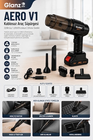 Glanz Aero V1 Kablosuz Araç Süpürgesi 220w 22000pa Güçlü Vakum Ve Üfleme Özellikli Şarjlı Oto Süpürge 0 - 250 Watt
