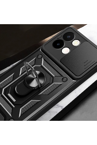 Vivo Y28 Kılıf Sürgülü Kamera Koruyucu Manyetik Standlı Tank Koruma Pazarplus Siyah