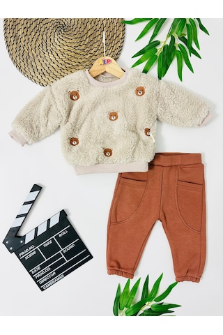 Bear Kafalar Nakışlı Omuzdan Çıtçıtlı Pantolonda Cep Detaylı Welsoft 2 Parça Takım Açık Kahverengi