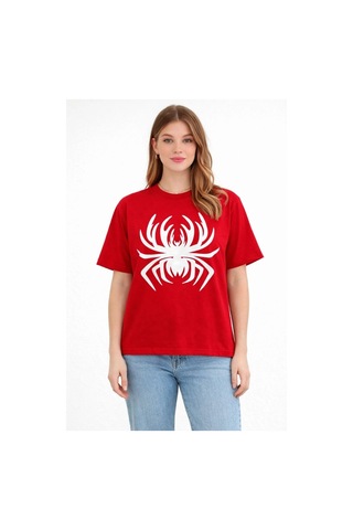 Novalisse Kadın Örümcek Baskılı Tişört Kısa Kollu Bisiklet Yaka T-shirt - Kırmızı Çoklu Renk