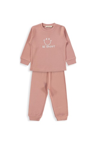 Minidamla Gülen Yüz Baskılı 1-7 Yaş Pijama Takımı - Pembe Gül Kurusu